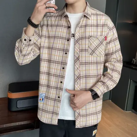 格子长袖衬衫2023春秋季新款潮牌男士宽松休闲衬衣外套青少年衣服商品大图