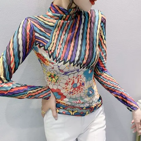 半高领网纱T恤女长袖2023秋冬新款内搭修身打底衫拼色印花上衣ins商品大图