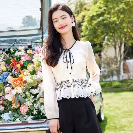 时尚气质天丝长袖衬衫2023年夏季新款淑女温柔圆领显瘦通勤上衣商品大图