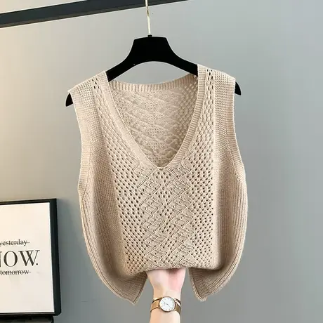 复古叠穿V领针织马甲短款背心女春秋宽松无袖外穿勾花镂空设计潮商品大图