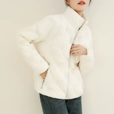 韩潮袭人立领刺绣白色棉服棉衣女2023冬季新款休闲显瘦面包服外套图片