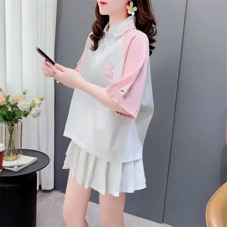 POLO衫短袖t恤女夏季2023新款韩版宽松学院风拼色小个子上衣ins潮商品大图