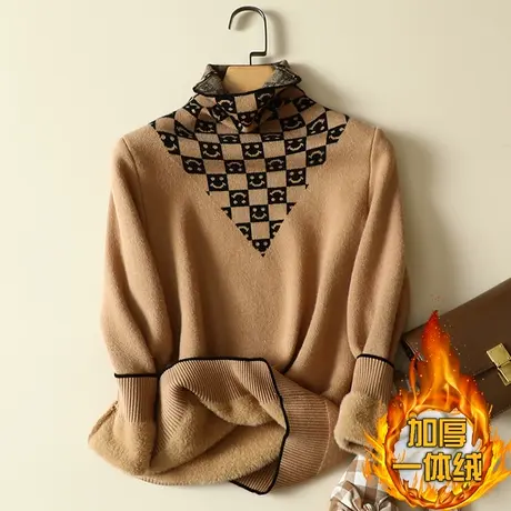 秋冬加绒毛衣女加厚一体绒内搭堆堆高领套头针织打底衫保暖上衣女商品大图