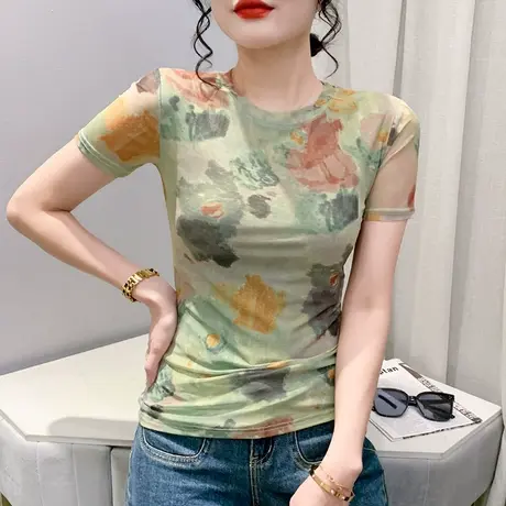 2024夏季新款圆领网纱T恤女扎染印花短袖上衣时尚漂亮气质小衫ins商品大图
