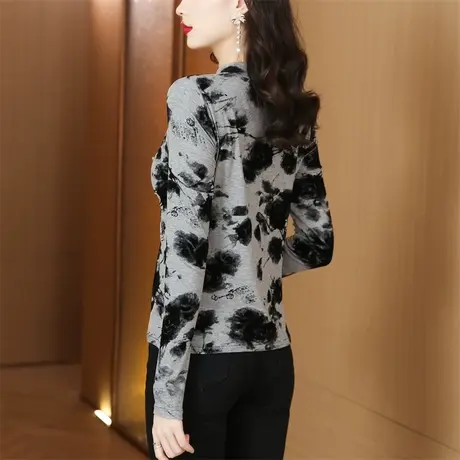 修身网纱打底衫女秋季内搭2023新款早秋碎花上衣长袖洋气减龄春秋图片