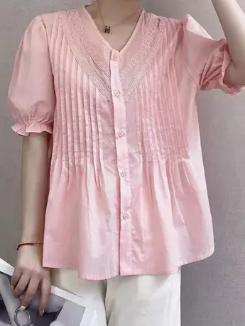 短款褶皱短袖衬衫女士2023年夏季新款法式设计感小众衬衣拼接上衣图片