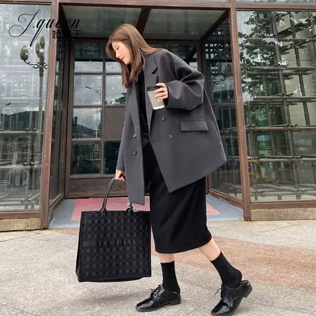 毛呢外套女中长款秋冬韩版宽松显瘦休闲赫本风气质加厚呢子大衣潮图片