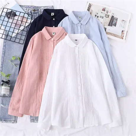 日系文艺小清新娃娃领衬衫女宽松纯色双层棉纱褶皱亲肤打底衬衣秋图片
