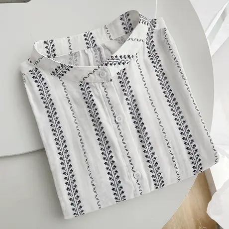 夏季韩版民族风复古印花双层纱纯棉五分袖衬衫女宽松立领中袖上衣图片