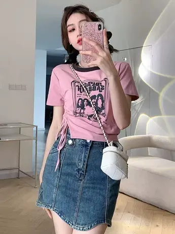 韩版印花百搭打底衫短袖t恤女2024夏季新款抽绳设计感小众上衣ins商品大图