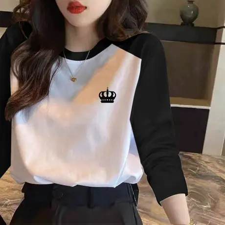 圆领插肩袖t恤女2023年春秋新款长袖宽松上衣纯棉撞色内搭打底衫图片