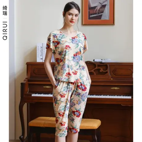 绮瑞夏季女士纯棉睡衣薄款短袖七分裤印花圆领休闲套装女夏家居服商品大图