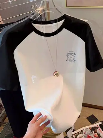 欧货短袖插肩T恤女装仿棉夏季新款宽松显瘦拼接撞色半袖学生上衣图片