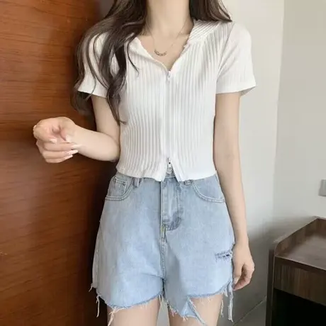 ins超火小个子短款螺纹连帽开衫短袖T恤女夏季修身显瘦半袖上衣服图片