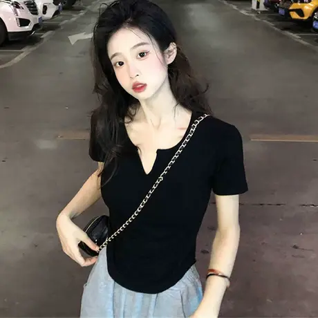 纯欲甜辣妹正肩V领短袖t恤女ins潮设计感小众短款紧身露脐上衣夏商品大图