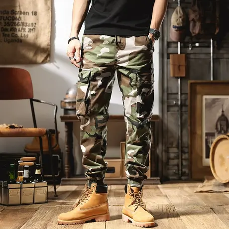 高端潮牌迷彩工装裤男士重工宽松户外修身百搭多口袋束脚休闲长裤商品大图
