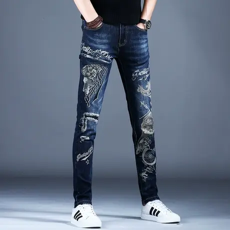男士高档激光印花秋冬季新款牛仔裤男款美式修身小脚裤子高端潮牌商品大图