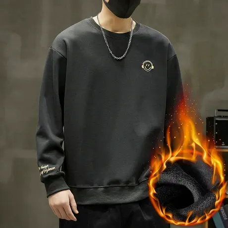 秋冬款男生潮牌痞帅加绒加厚圆领卫衣冬季保暖内搭长袖上衣服冬天商品大图