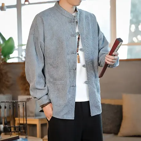 秋季长袖衬衫男盘扣复古中国风上衣服灯芯绒休闲打底衫大码男装潮图片