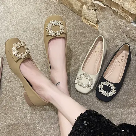 粗跟软皮奶奶鞋女2023春秋新款晚晚风温柔鞋高跟法式皮鞋方头单鞋商品大图