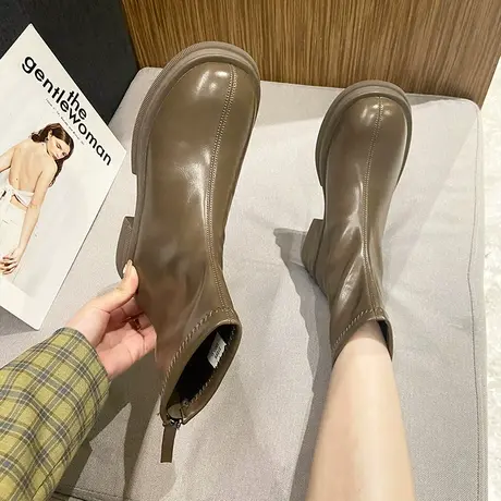 时尚圆头厚底短靴女粗跟2022年冬季新款加绒高跟百搭英伦风瘦瘦靴商品大图