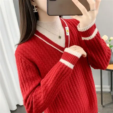 假两件半高领毛衣女厚秋冬新款套头洋气内搭针织打底衫女长袖上衣图片