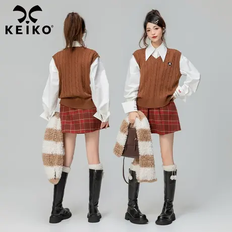 KEIKO 文艺范扭花V领针织马甲女2023秋冬美拉德穿搭无袖毛衣背心商品大图