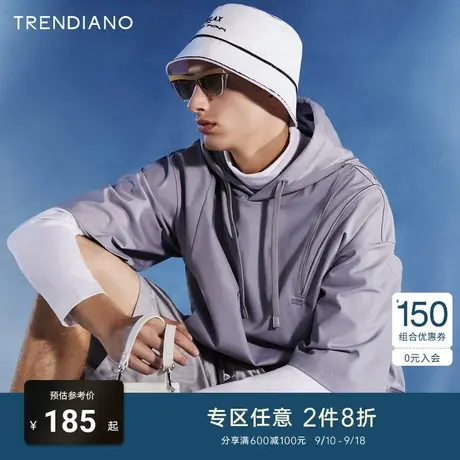 TRENDIANO官方潮牌夏季男装时尚简约拉链休闲纯棉叠穿连帽短袖T恤商品大图