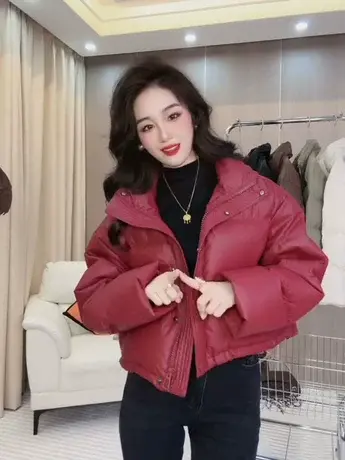 免洗pu皮羽绒服女短款加厚2023年新款小个子白鸭绒面包服肯豆外套商品大图