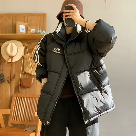 dza 复古中长款三条杠加厚翻领棉衣外套女冬新款厚实棉服棉袄上衣商品大图