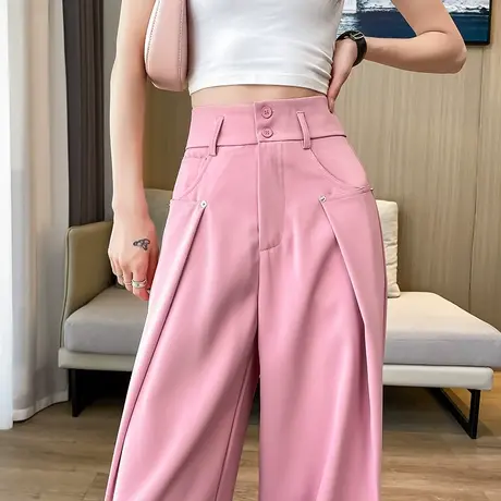 断码清仓不退不换西装裤女宽松春秋高腰直筒显瘦粉红色窄版阔腿裤商品大图