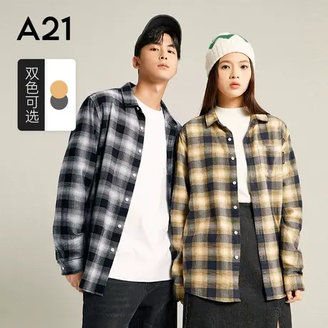 A21outlets男装纯棉长袖衬衫秋季款情侣装衬衣潮男士休闲格子上衣商品大图