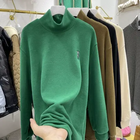 德绒打底衫女2024秋冬季新款宽松半高领上衣双面磨毛T恤女长袖潮商品大图