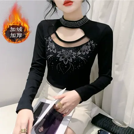 性感镂空镶钻半高领打底衫女长袖时尚加厚磨毛内塔上衣修身T恤ins图片