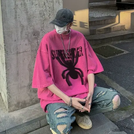 水洗做旧宽松蜘蛛印花休闲短袖T恤男潮流情侣2023年夏季新款上衣商品大图