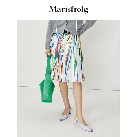 【商场同款】玛丝菲尔伞裙春季新款女装A字涂鸦收腰百褶半身裙商品大图