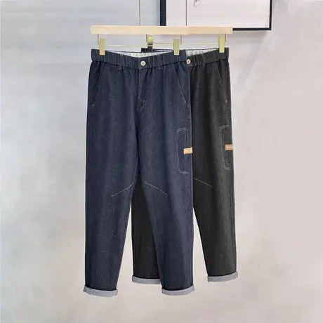 春秋季牛仔裤男普洗新款男士宽松直筒潮牌九分裤工装休闲长裤子男图片