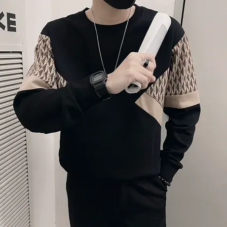 高级感撞色拼接卫衣男2024新款潮牌圆领内搭上衣潮流男装长袖t恤图片