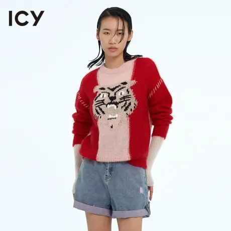 icy原创春季新款简约时尚潮流通勤风红粉老虎套头毛衫女图片