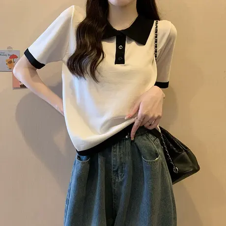 polo领设计感冰丝针织衫短袖t恤女夏季新款小众宽松正肩上衣短款图片