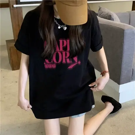 简约正肩黑色夏纯棉短袖T恤女新款设计感字母印花上衣中长款打底商品大图