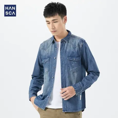 汉斯卡2021春秋薄款水洗蓝色牛仔衬衫男韩版潮流长袖休闲衬衣外套商品大图