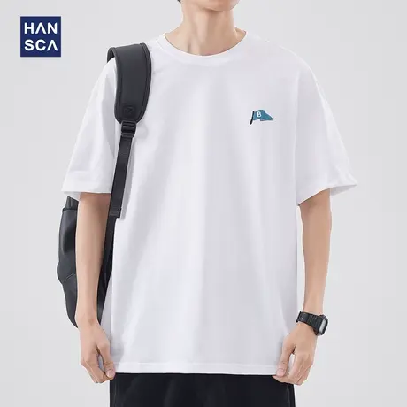 hansca 纯色圆领短袖T恤男夏季新款日系简约印花大码宽松休闲上衣商品大图