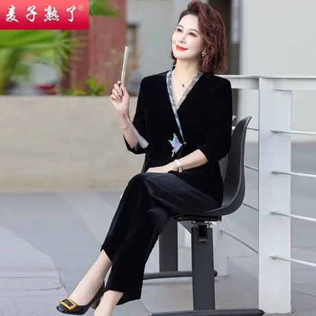 2024春季新款妈妈盘扣绣花金丝绒两件套装气质中老年人女装秋衣服商品大图