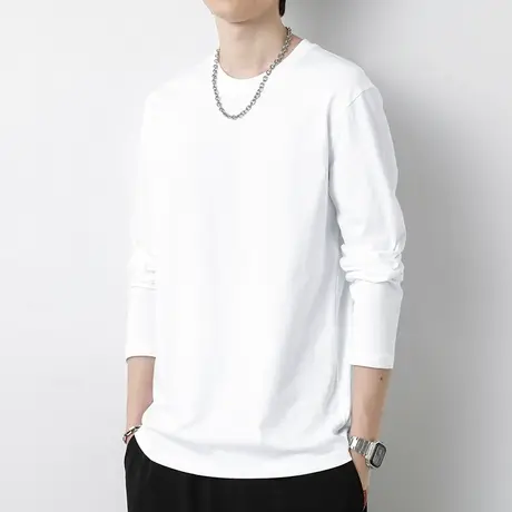 纯棉长袖t恤男士纯色白色圆领上衣服宽松潮流全棉内搭打底衫秋衣商品大图