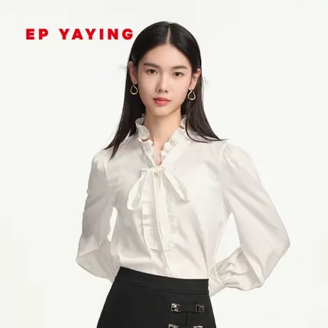 [真丝系列]EP雅莹女装 系带襟荷叶领白色衬衫 商场同款2307B图片