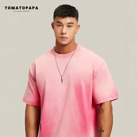 TOMATOPAPA短袖T恤男圆领宽松落肩水洗高街潮体恤透气吸汗上衣男商品大图