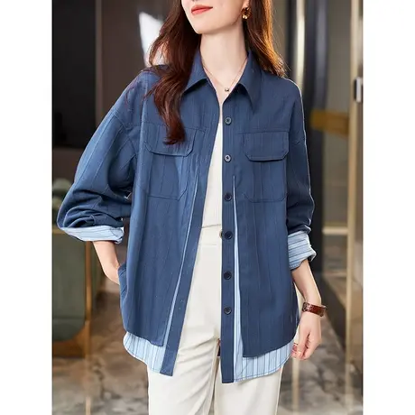 宝诗黎竖条纹拼接假两件衬衫早秋长袖设计感时尚宽松衬衣2023新款商品大图