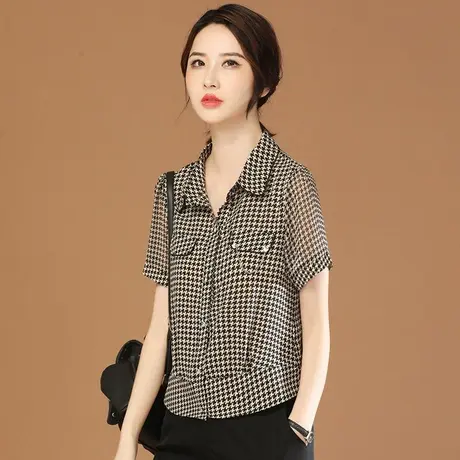 韩潮袭人格子短袖衬衫女2023夏季新款宽松休闲衬衣设计感上衣薄款商品大图