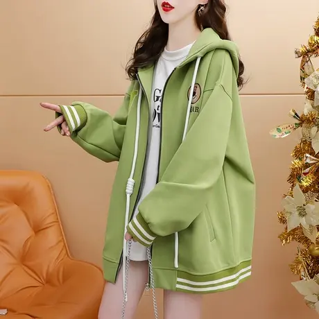 宽松慵懒风休闲连帽卫衣开衫女2023新款秋冬季洋气减龄设计感外套图片